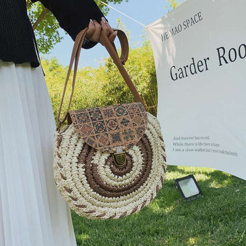 Tajade Handmade Papyrus Woven Round Beach Straw Bag